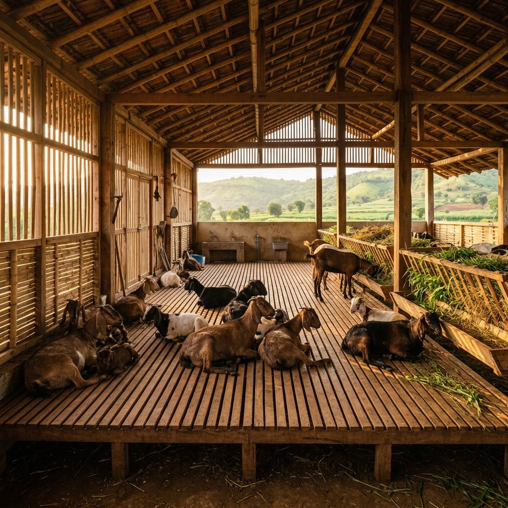 Elevated slatted housing shelter at AL ADL Farm, Mahapoli